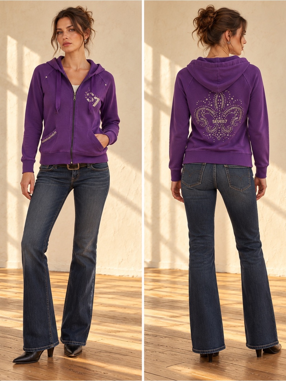Seven7 Purple Studded Fleur de Lis Zip Hoodie Y2K Grunge Women’s M